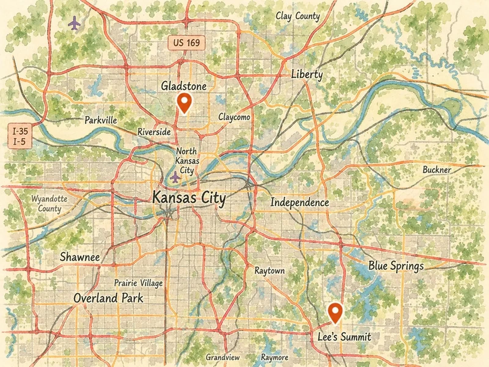A watercolour map of the Kansas City metro with pins on MCCU's two branches: Gladstone to the north and Lee's Summit to the south-east.
