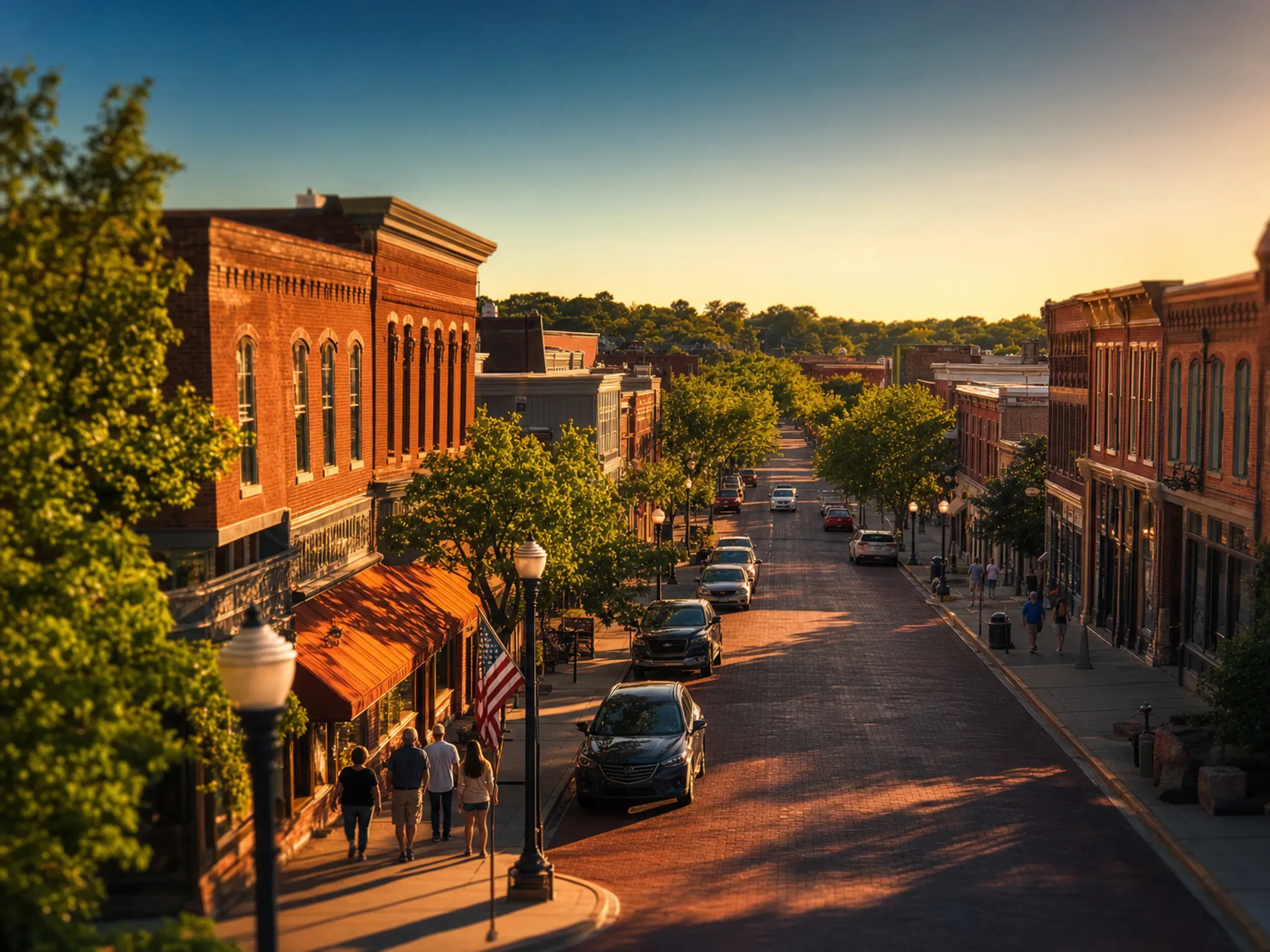Historic Lee's Summit Main Street at golden hour, evoking MCCU's roots since 1931