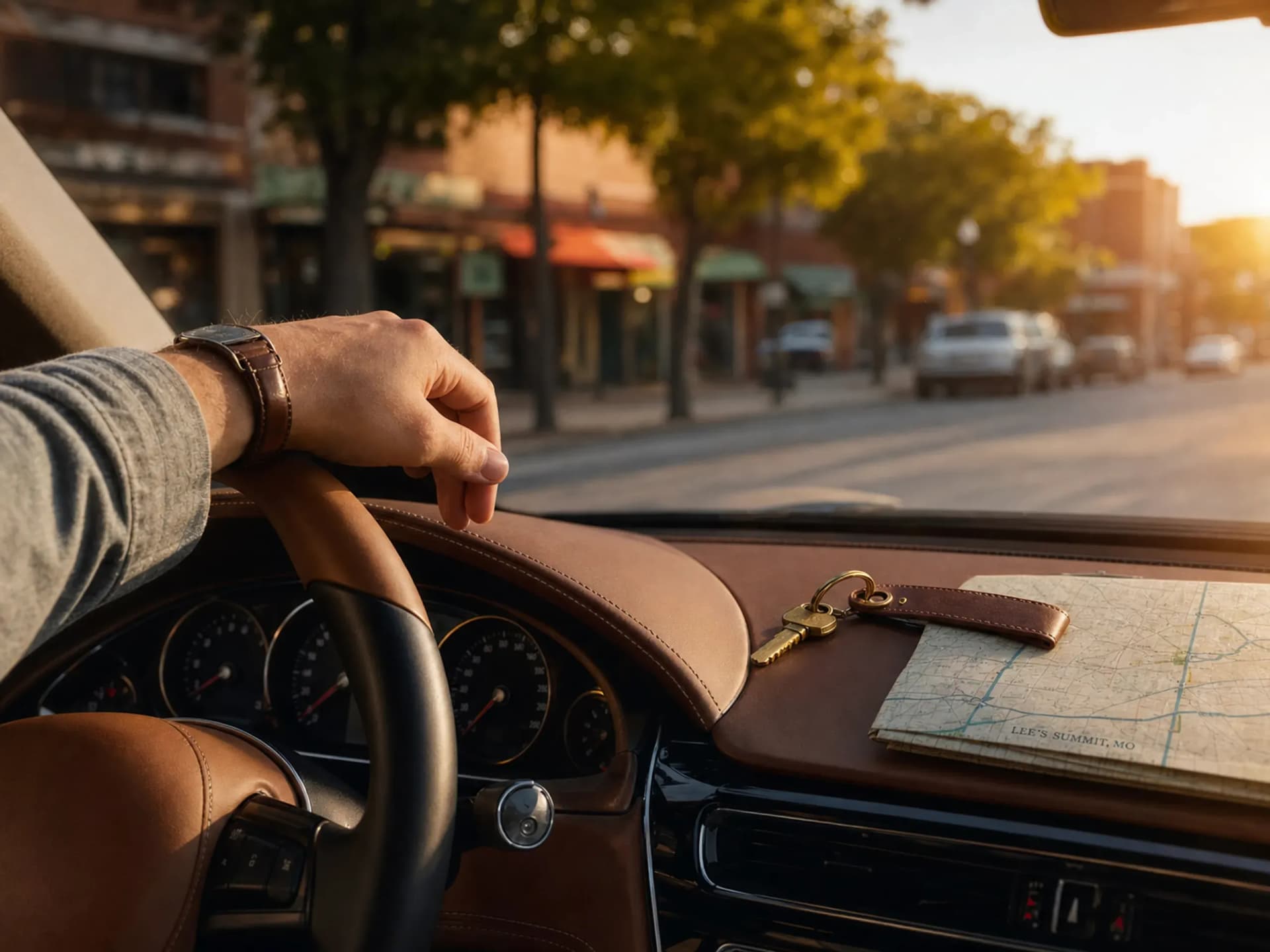 Driver resting a hand on the wheel with car keys on the console