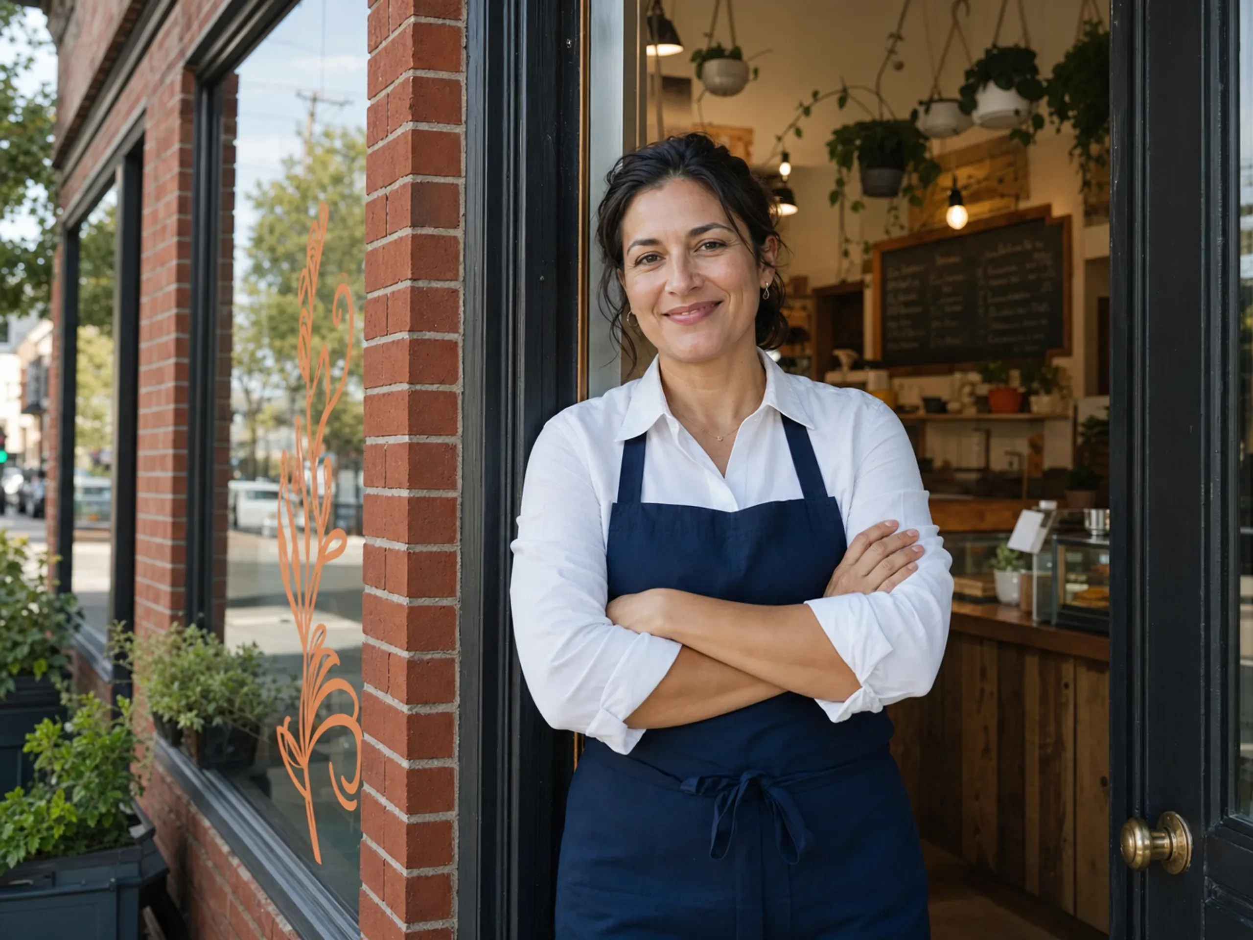 A confident Missouri small-business owner standing in front of her storefront in Lee's Summit