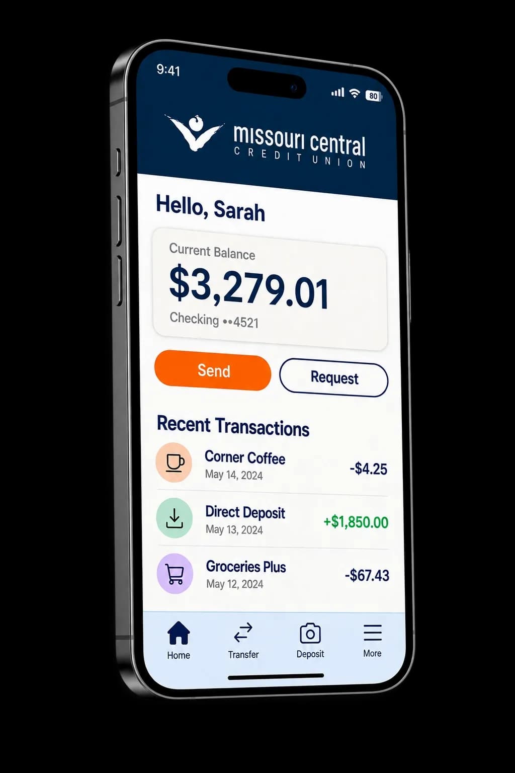 The MCCU mobile banking app open on a phone