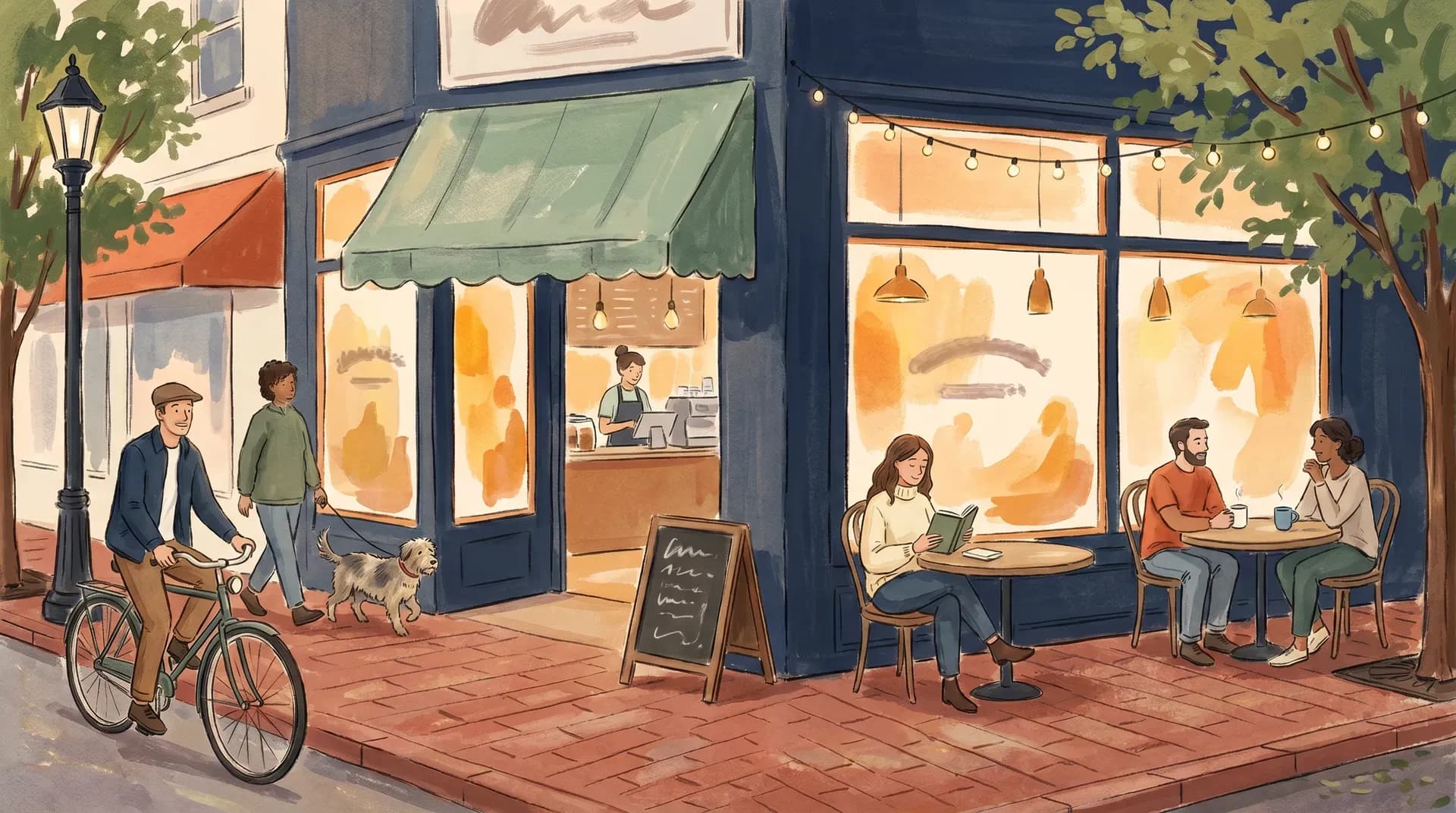 Neighbors outside a downtown coffee shop — riding past, walking a dog, reading and talking at sidewalk tables