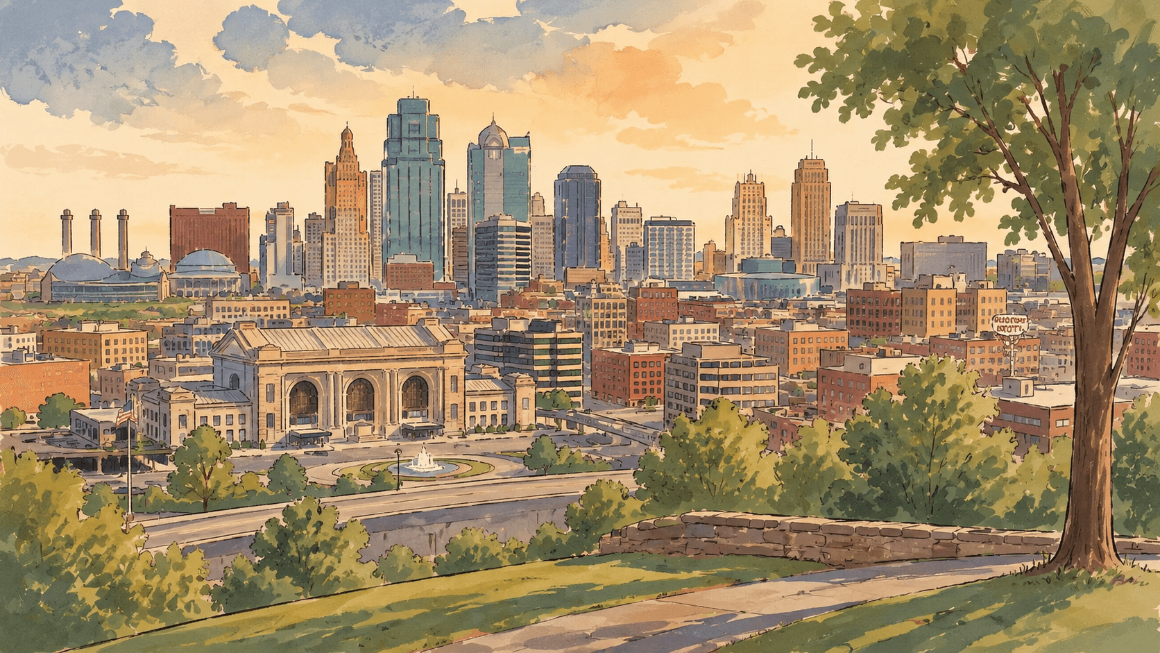 Watercolor view of the Kansas City skyline and Union Station from a park above downtown